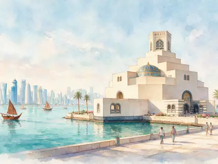 Aquarellillustration des Wahrzeichens Museum für Islamische Kunst Doha in Doha Katar, weiche Farbverläufe und pastelliges - Foto: THN