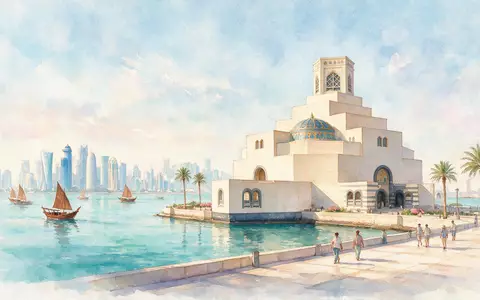 Aquarellillustration des Wahrzeichens Museum für Islamische Kunst Doha in Doha Katar, weiche Farbverläufe und pastelliges - Foto: THN
