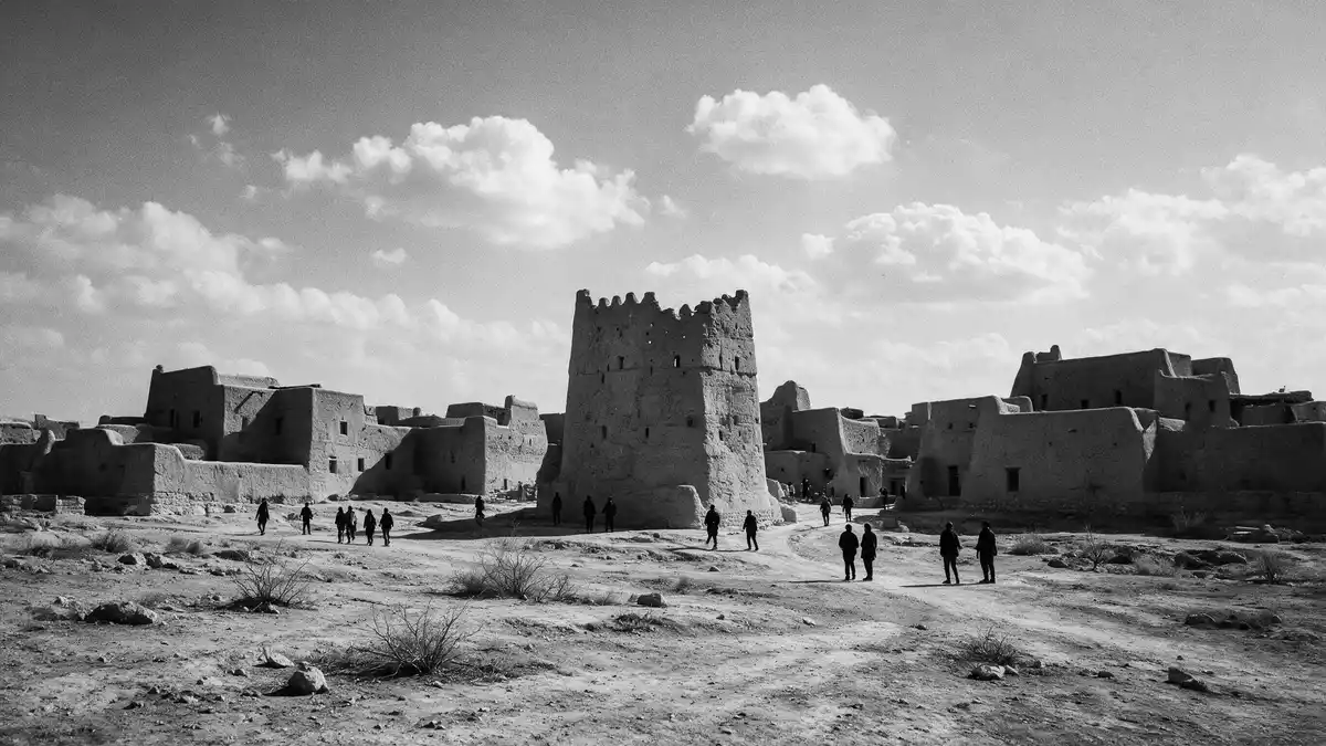 Schwarzweiss-Reportage vom Wahrzeichen At-Turaif Diriyah in Diriyah, Saudi-Arabien