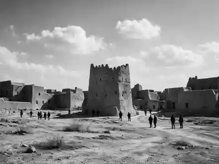 Schwarzweiss-Reportagebild vom Wahrzeichen At-Turaif Diriyah in Diriyah Saudi-Arabien, dokumentarische Reisefotografie mit starken Kontrasten - Foto: THN