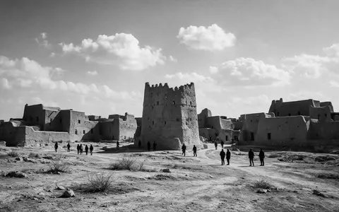 Schwarzweiss-Reportagebild vom Wahrzeichen At-Turaif Diriyah in Diriyah Saudi-Arabien, dokumentarische Reisefotografie mit starken Kontrasten - Foto: THN
