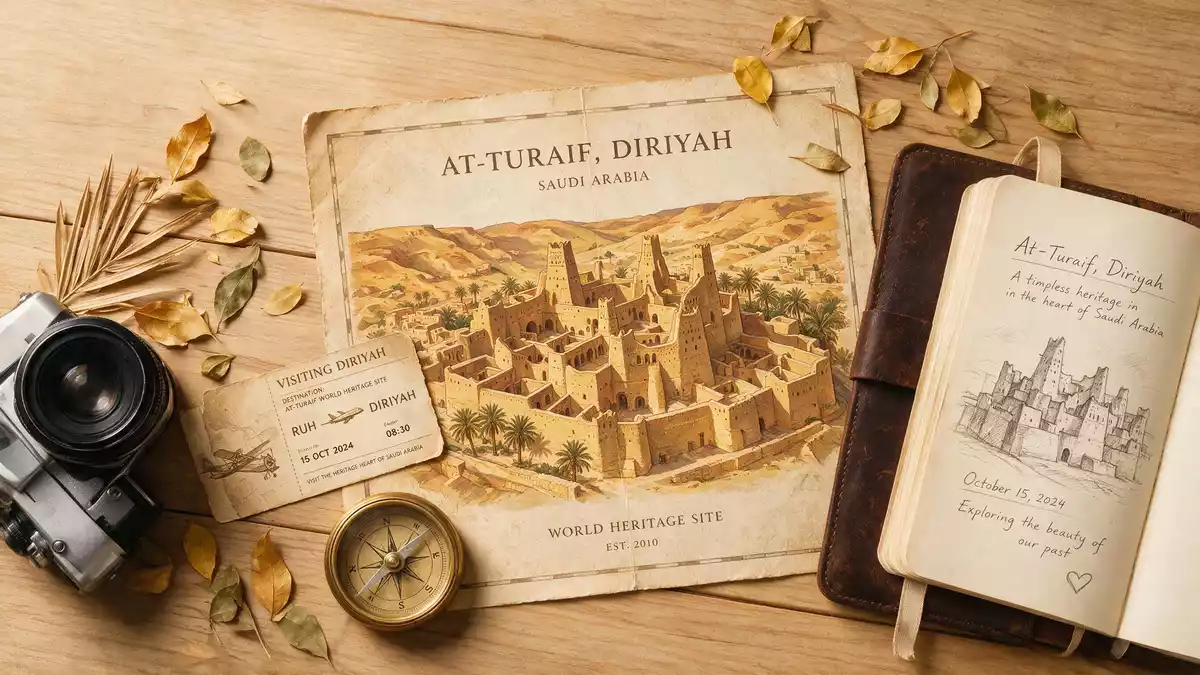 Flatlay-Reise-Arrangement rund um At-Turaif Diriyah in Diriyah, Saudi-Arabien