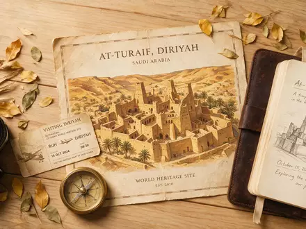 Flatlay-Reise-Arrangement rund um At-Turaif Diriyah in Diriyah Saudi-Arabien, Karte Kompass Kamera und generische Reiserequisiten - Foto: THN