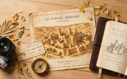 Flatlay-Reise-Arrangement rund um At-Turaif Diriyah in Diriyah Saudi-Arabien, Karte Kompass Kamera und generische Reiserequisiten - Foto: THN