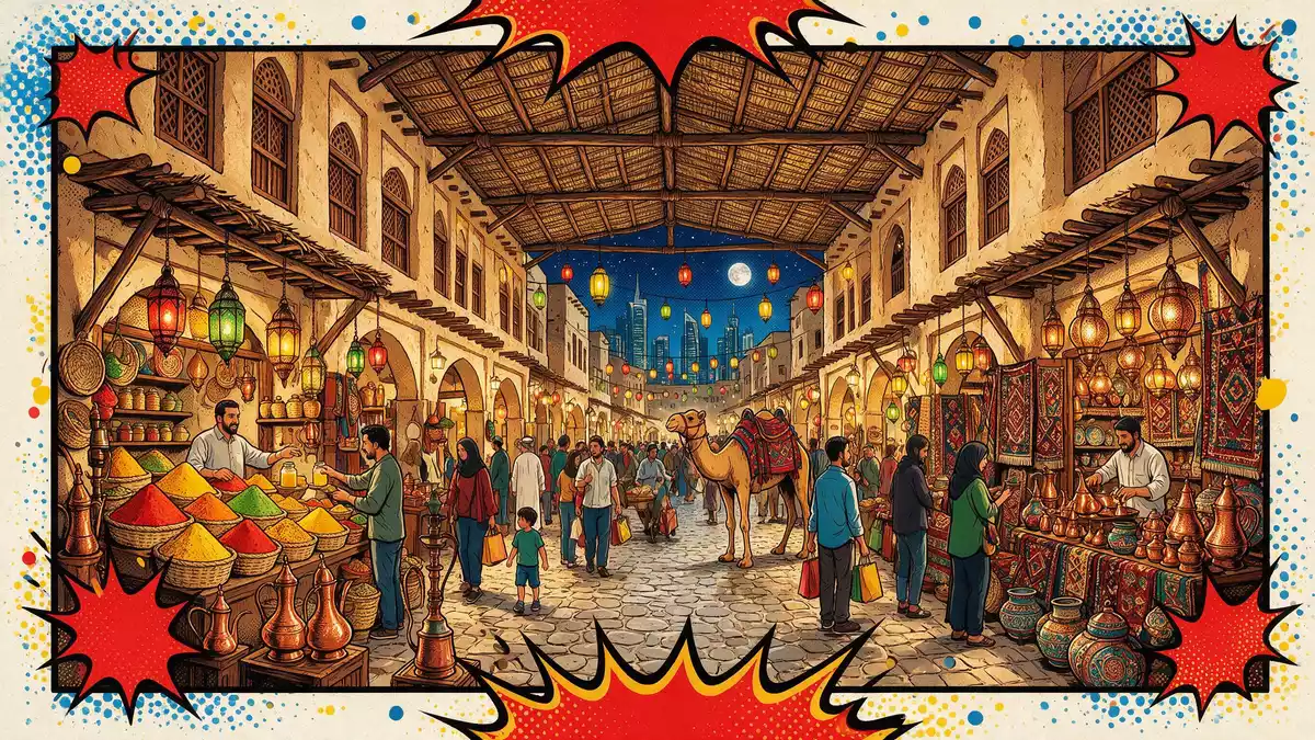 Pop-Art-Comic von Souq Waqif in Doha, Katar mit Rasterpunkten