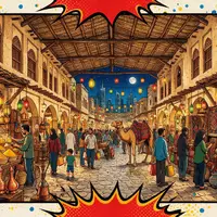 Pop-Art-Comicillustration des Wahrzeichens Souq Waqif in Doha Katar, kraeftige Konturen Rasterpunkte und satte Farben - Foto: THN