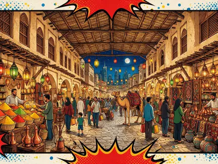 Pop-Art-Comicillustration des Wahrzeichens Souq Waqif in Doha Katar, kraeftige Konturen Rasterpunkte und satte Farben - Foto: THN