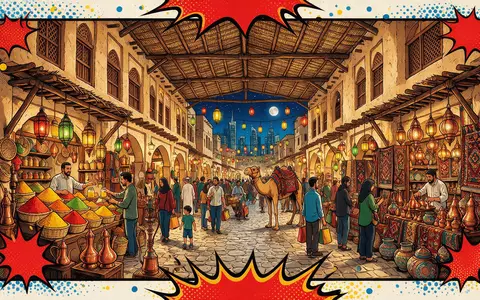 Pop-Art-Comicillustration des Wahrzeichens Souq Waqif in Doha Katar, kraeftige Konturen Rasterpunkte und satte Farben - Foto: THN