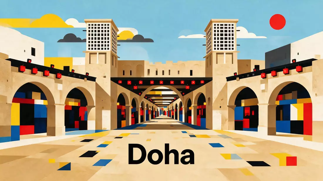 Bauhaus-Poster als Abstraktion von Souq Waqif in Doha, Katar