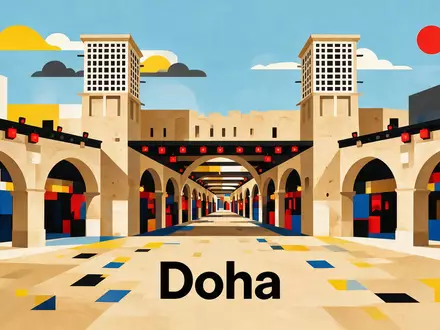 Bauhaus-Poster als geometrische Abstraktion von Souq Waqif in Doha Katar, kraeftige Grundfarben und harte Formkanten - Foto: THN