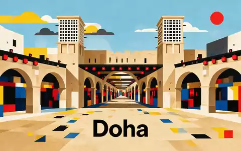 Bauhaus-Poster als geometrische Abstraktion von Souq Waqif in Doha Katar, kraeftige Grundfarben und harte Formkanten - Foto: THN