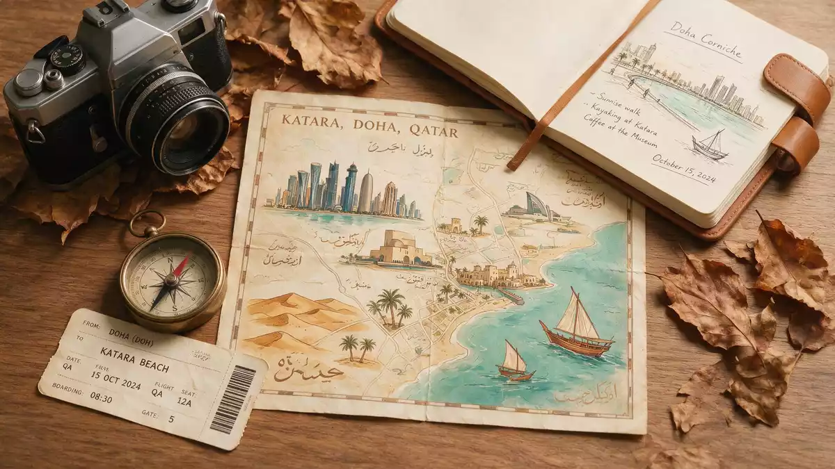Flatlay-Reise-Arrangement rund um Katara Cultural Village in Doha, Katar