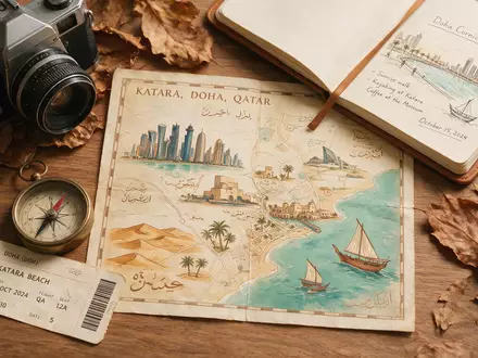 Flatlay-Reise-Arrangement rund um Katara Cultural Village in Doha Katar, Karte Kompass Kamera und generische Reiserequisiten - Foto: THN