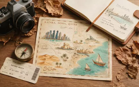Flatlay-Reise-Arrangement rund um Katara Cultural Village in Doha Katar, Karte Kompass Kamera und generische Reiserequisiten - Foto: THN