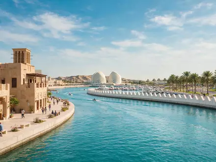 Editorialbild im Reisemagazin-Stil vom Wahrzeichen Katara Cultural Village in Doha Katar, ausgewogene Bildgestaltung und natuerliches - Foto: THN