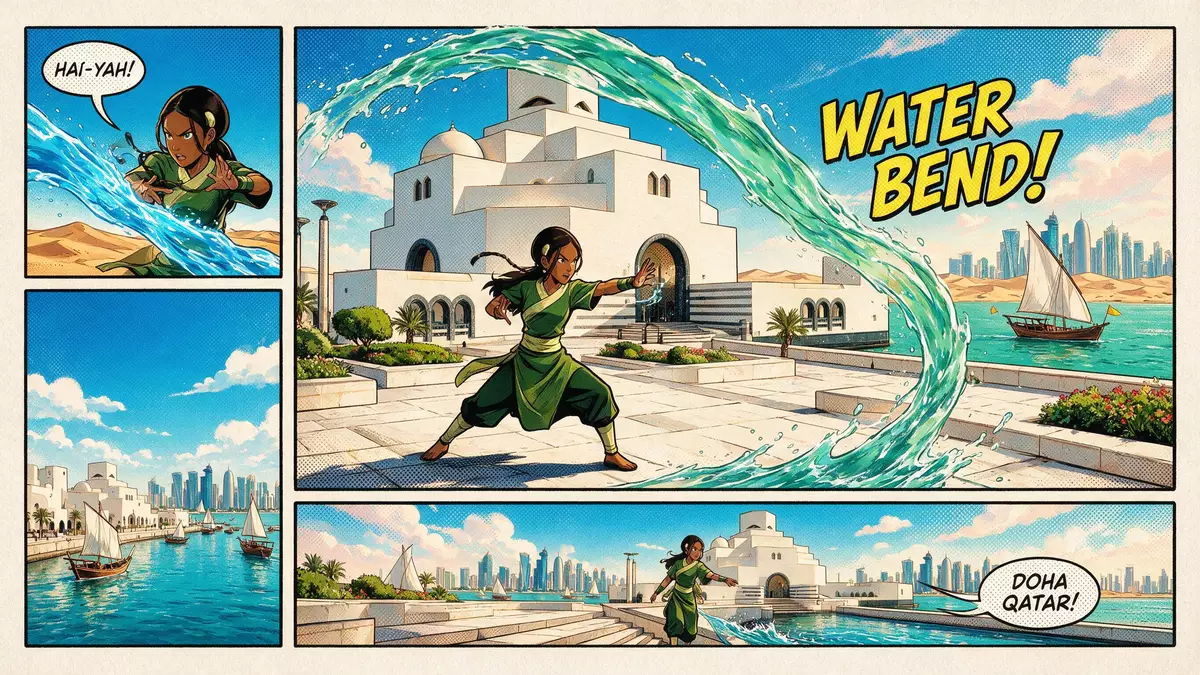Pop-Art-Comic von Katara Cultural Village in Doha, Katar mit Rasterpunkten