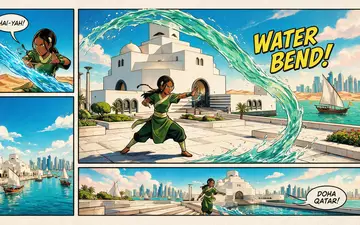 Pop-Art-Comicillustration des Wahrzeichens Katara Cultural Village in Doha Katar, kraeftige Konturen Rasterpunkte und satte Farben - Foto: THN