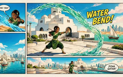 Pop-Art-Comicillustration des Wahrzeichens Katara Cultural Village in Doha Katar, kraeftige Konturen Rasterpunkte und satte Farben - Foto: THN