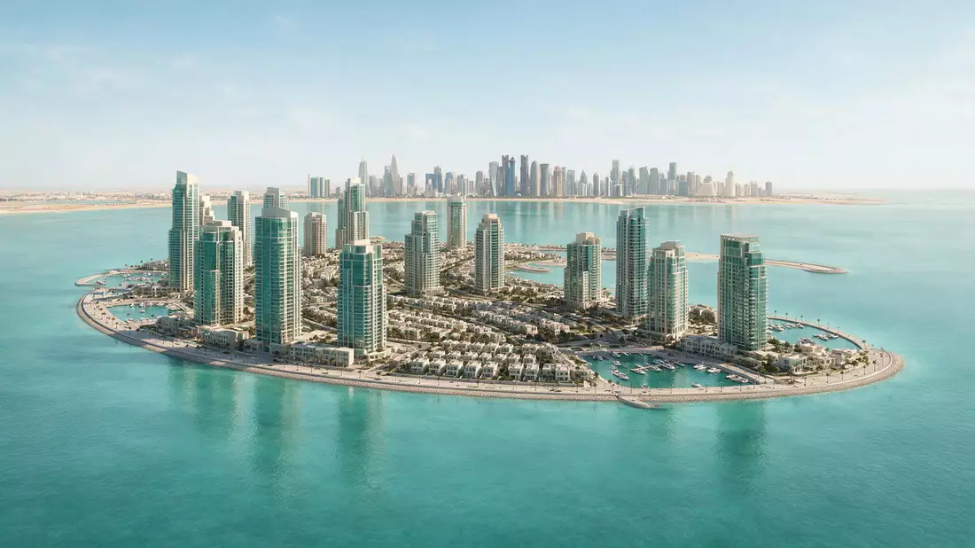 Architektur-Render von The Pearl Doha in Doha, Katar bei Tageslicht