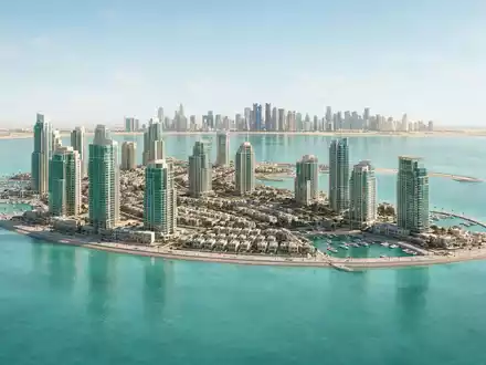 Moderner Architektur-Render zeigt Silhouette von The Pearl Doha in Doha Katar, klare Linien und neutrales - Foto: THN