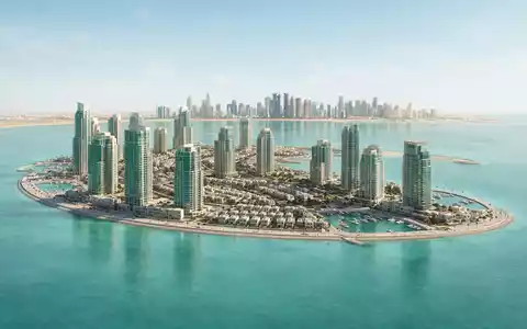 Moderner Architektur-Render zeigt Silhouette von The Pearl Doha in Doha Katar, klare Linien und neutrales - Foto: THN