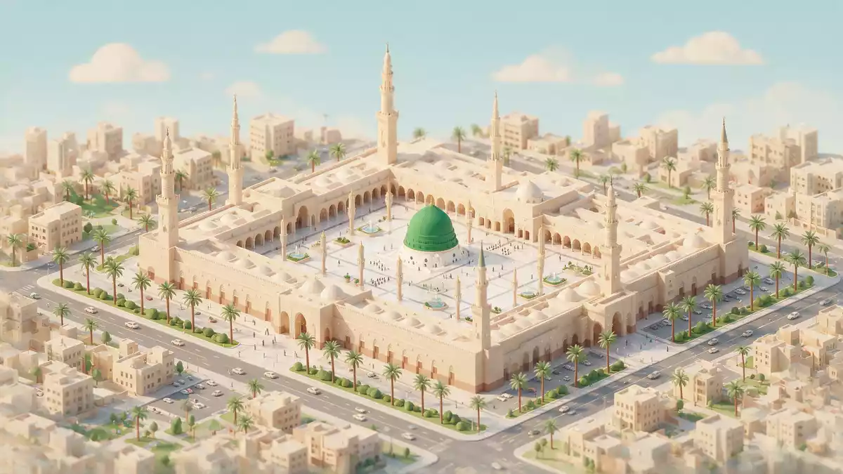 Isometrisches Diorama von Prophetenmoschee Medina in Medina, Saudi-Arabien in Pastell