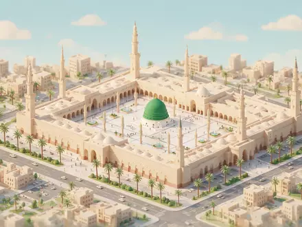 Isometrisches Diorama von Prophetenmoschee Medina und Umgebung in Medina Saudi-Arabien, verspielte Low-Poly-Kulisse in Pastellfarben - Foto: THN
