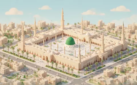 Isometrisches Diorama von Prophetenmoschee Medina und Umgebung in Medina Saudi-Arabien, verspielte Low-Poly-Kulisse in Pastellfarben - Foto: THN