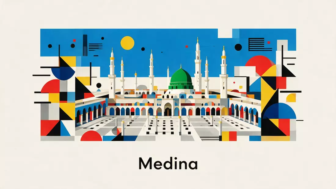 Bauhaus-Poster als Abstraktion von Prophetenmoschee Medina in Medina, Saudi-Arabien