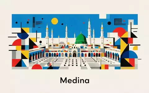 Bauhaus-Poster als geometrische Abstraktion von Prophetenmoschee Medina in Medina Saudi-Arabien, kraeftige Grundfarben und harte Formkanten - Foto: THN