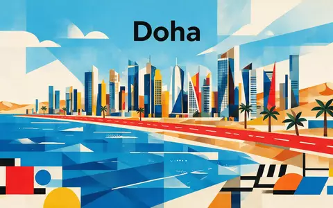 Bauhaus-Poster als geometrische Abstraktion von Doha Corniche in Doha Katar, kraeftige Grundfarben und harte Formkanten - Foto: THN