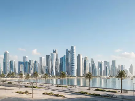 Moderner Architektur-Render zeigt Silhouette von Doha Corniche in Doha Katar, klare Linien und neutrales Tageslicht - Foto: THN