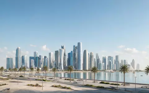 Moderner Architektur-Render zeigt Silhouette von Doha Corniche in Doha Katar, klare Linien und neutrales Tageslicht - Foto: THN