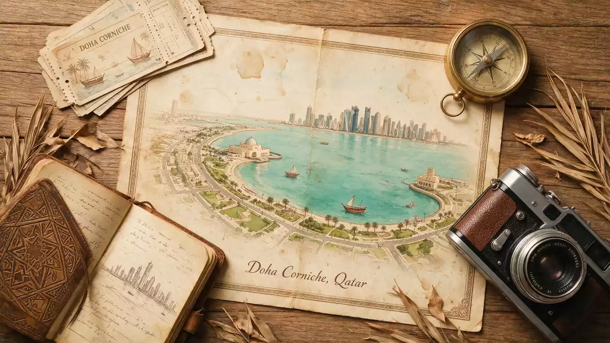 Flatlay-Reise-Arrangement rund um Doha Corniche in Doha, Katar