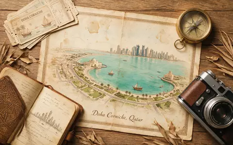 Flatlay-Reise-Arrangement rund um Doha Corniche in Doha Katar, Karte Kompass Kamera und generische Reiserequisiten - Foto: THN
