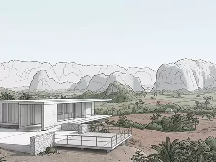 Moderner Architektur-Render zeigt Silhouette von Vinales-Tal in Vinales Kuba, klare Linien und neutrales Tageslicht - Foto: THN