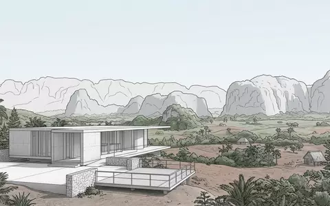 Moderner Architektur-Render zeigt Silhouette von Vinales-Tal in Vinales Kuba, klare Linien und neutrales Tageslicht - Foto: THN