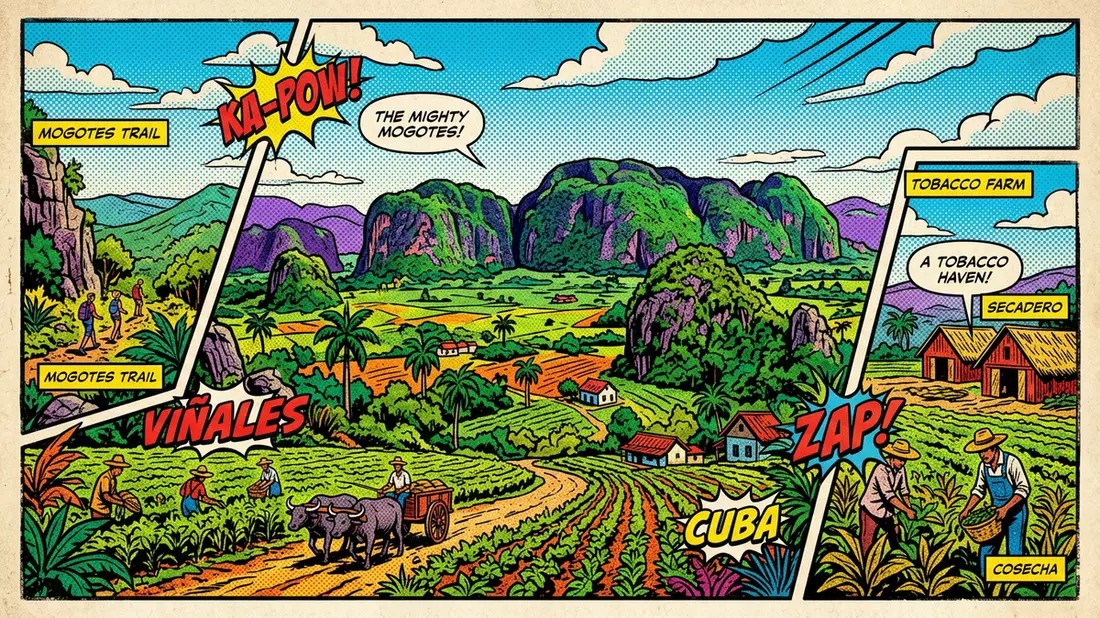 Pop-Art-Comic von Vinales-Tal in Vinales, Kuba mit Rasterpunkten