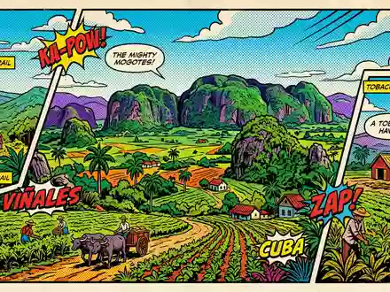 Pop-Art-Comicillustration des Wahrzeichens Vinales-Tal in Vinales Kuba, kraeftige Konturen Rasterpunkte und satte Farben - Foto: THN