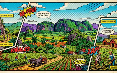 Pop-Art-Comicillustration des Wahrzeichens Vinales-Tal in Vinales Kuba, kraeftige Konturen Rasterpunkte und satte Farben - Foto: THN