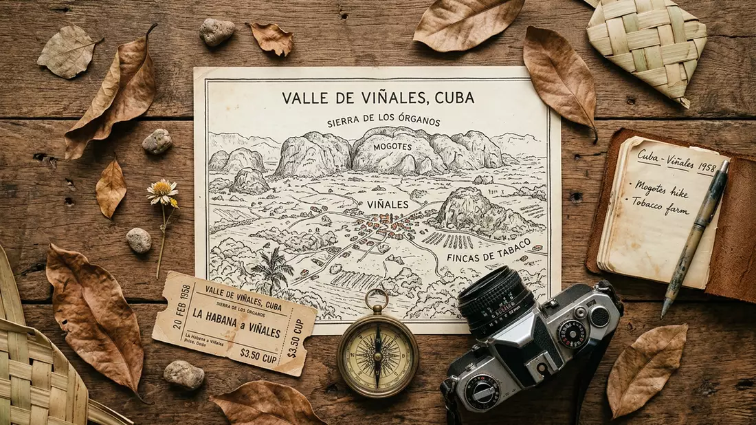 Flatlay-Reise-Arrangement rund um Vinales-Tal in Vinales, Kuba