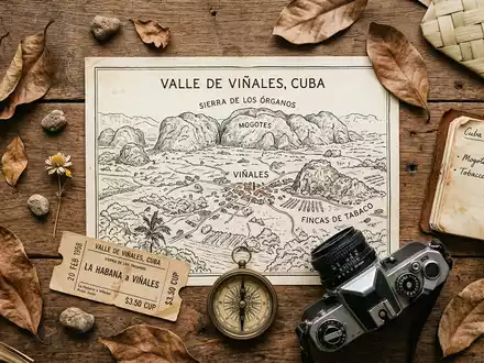 Flatlay-Reise-Arrangement rund um Vinales-Tal in Vinales Kuba, Karte Kompass Kamera und generische Reiserequisiten - Foto: THN