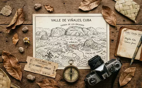 Flatlay-Reise-Arrangement rund um Vinales-Tal in Vinales Kuba, Karte Kompass Kamera und generische Reiserequisiten - Foto: THN