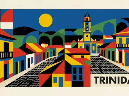Bauhaus-Poster als geometrische Abstraktion von Trinidad Kuba Altstadt in Trinidad Kuba, kraeftige Grundfarben und harte - Foto: THN