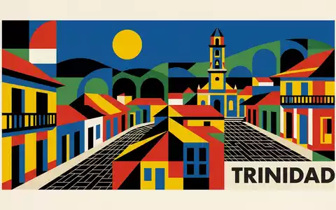Bauhaus-Poster als geometrische Abstraktion von Trinidad Kuba Altstadt in Trinidad Kuba, kraeftige Grundfarben und harte - Foto: THN