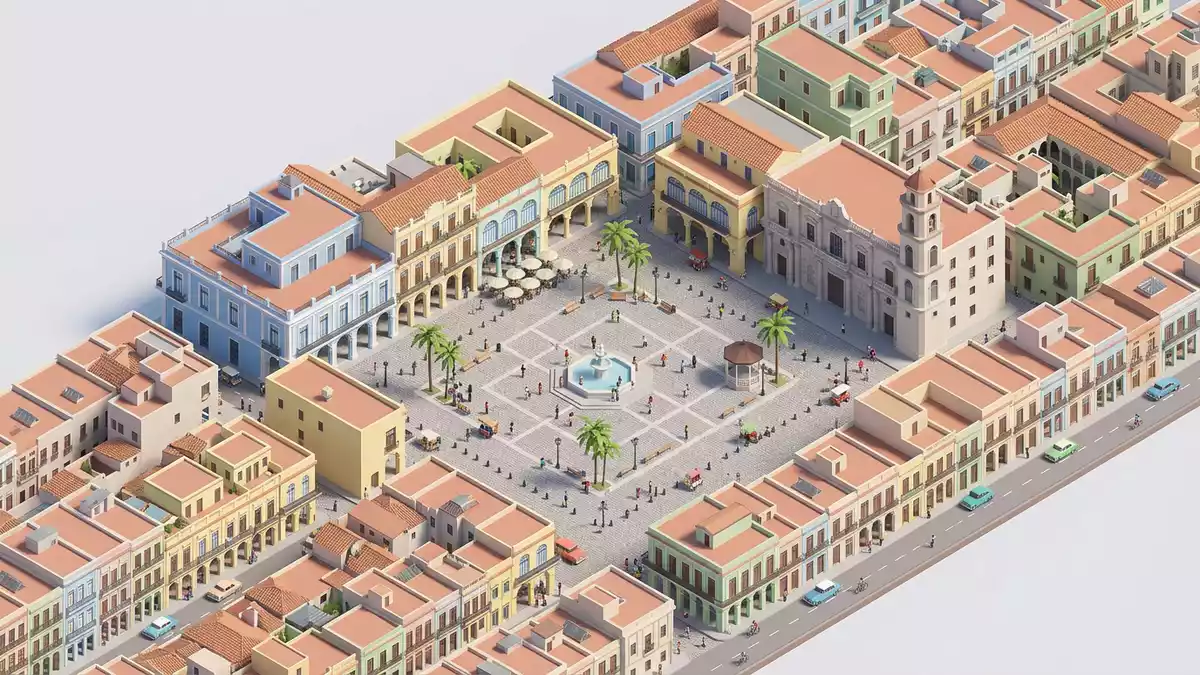Isometrisches Diorama von Plaza Vieja Havanna in Havanna, Kuba in Pastell