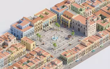Isometrisches Diorama von Plaza Vieja Havanna und Umgebung in Havanna Kuba, verspielte Low-Poly-Kulisse in Pastellfarben - Foto: THN