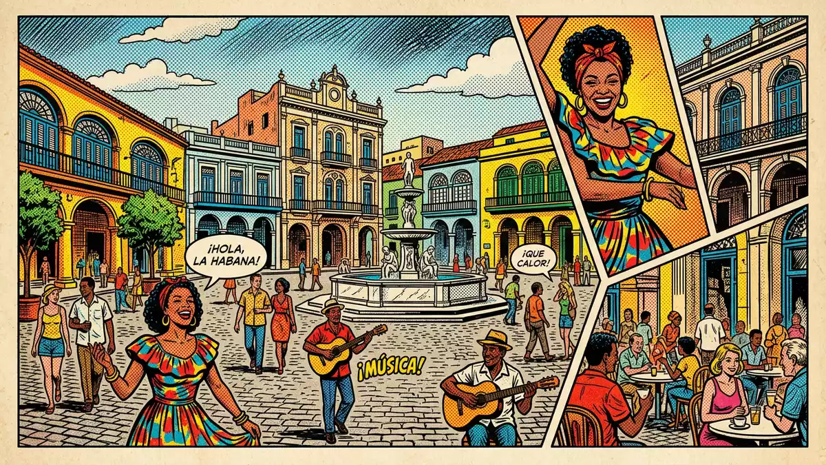 Pop-Art-Comic von Plaza Vieja Havanna in Havanna, Kuba mit Rasterpunkten