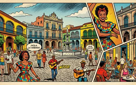 Pop-Art-Comicillustration des Wahrzeichens Plaza Vieja Havanna in Havanna Kuba, kraeftige Konturen Rasterpunkte und satte Farben - Foto: THN
