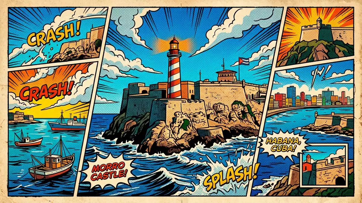 Pop-Art-Comic von Castillo del Morro Havanna in Havanna, Kuba mit Rasterpunkten